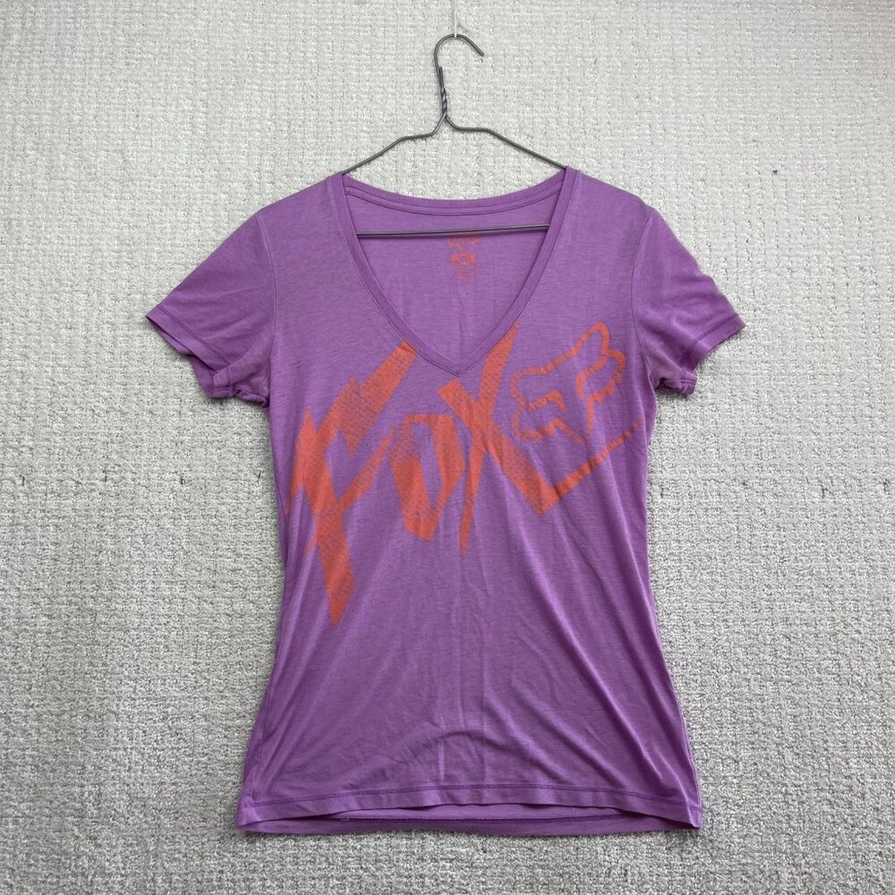 FOX Racing T-Shirt Women's XS Purple Orange V-neck Y2K Grunge Skate Emo Moto